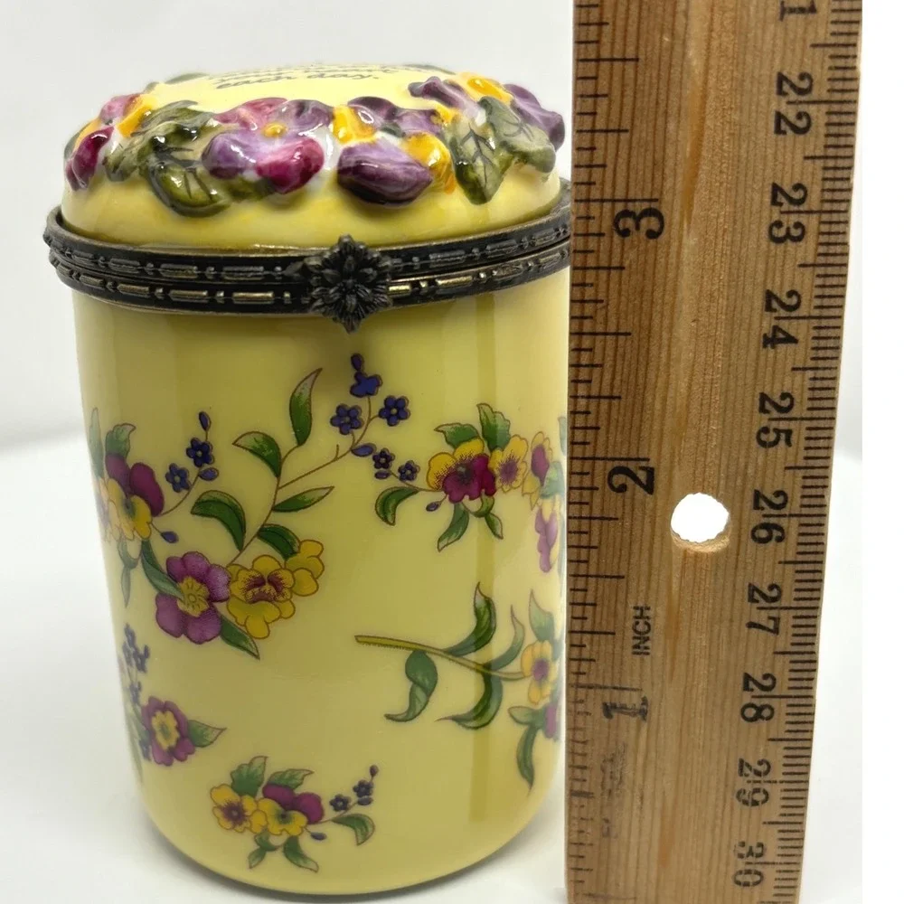 Bombay Co Yellow Floral Porcelain Hinged Lid Trinket Box Candle Quote BFF Love